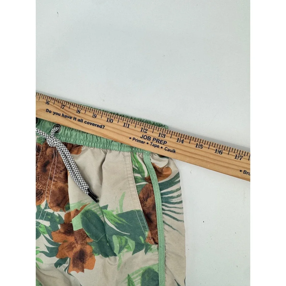 Maamgic Swim Trunks Mens XS Tan Green Tropical Floral Mesh Lined Board‎ Shorts